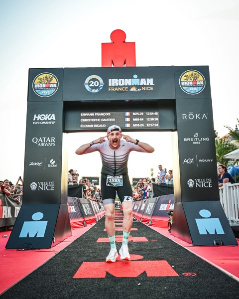 Erwann celebrating at the Ironman France Nice finish line